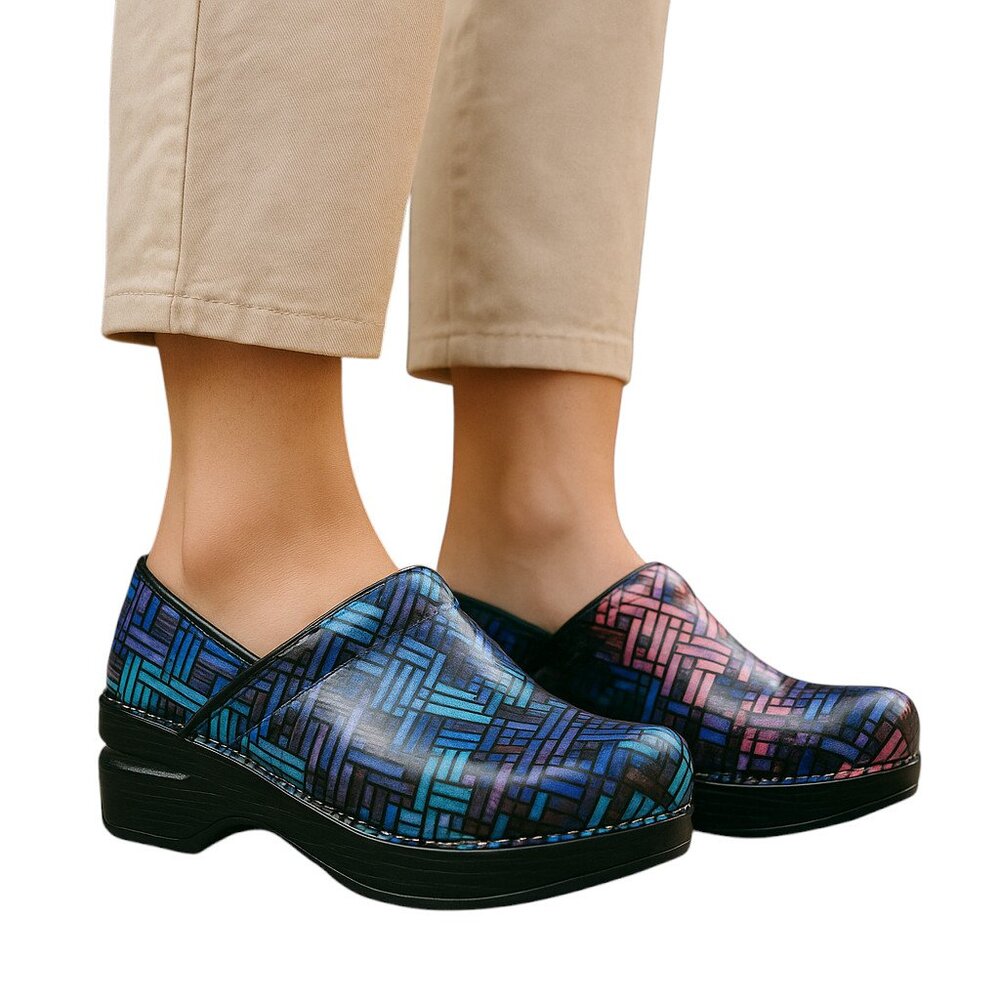 Women’s Slip-On Clogs in Blue & Pink Mosaic Pattern
